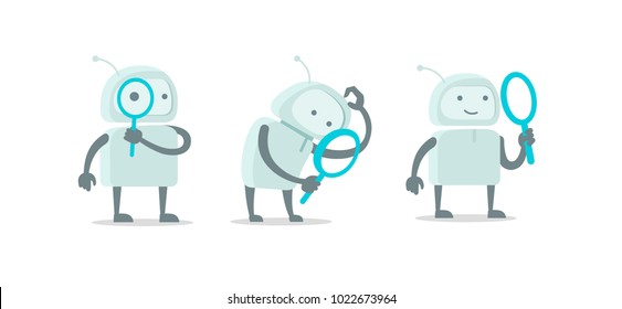 Robot alien character with magnifier loupe set. With magnifying glass search. Flat color vector illustration stock clipart