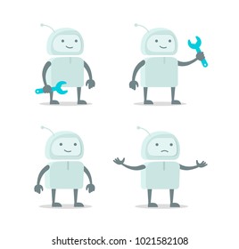 Robot alien character set with wrench spanner repairs. Color vector illustration stock