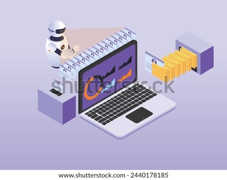 Robot analyzes the database of employees or personnel 3d isometric vector illustration