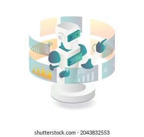 Robot is analyzing data in isometric illustration