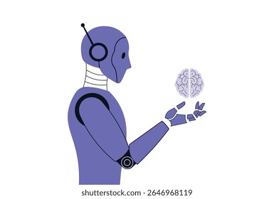 Robot Analyzing Human Brain to Train Artificial Intelligence for Development Vector Illustration.