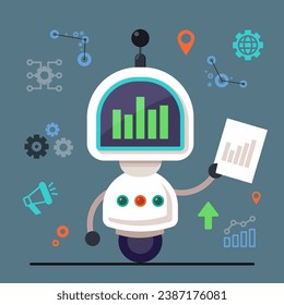 Robot analizando la ilustración vectorial del informe de marketing. Megáfono, engranajes, diagramas, iconos de globo en segundo plano. Tecnología moderna, concepto de servicios de marketing