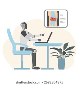 Robot analyzing medical image of inflamed human knee joint in modern clean office setting