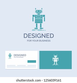robot, Android, artificial, bot, technology Business Logo Glyph Icon Symbol for your business. Turquoise Business Cards with Brand logo template.