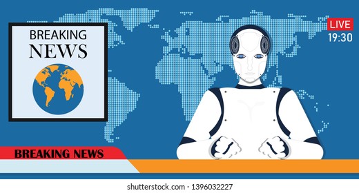 Robot Android breaking hot news anchor or cyber newscaster, Artificial Intelligence computer machine instead human reporter , cartoon Vector illustration.