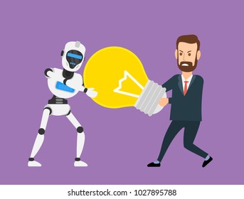 robot android and businessman pulling a lightbulb