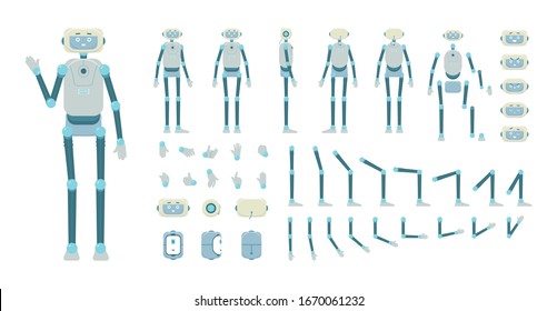 Robot android cartoon characters parts animation kit, flat vector illustration isolated on white background. Fantasy electronic machine with humanoid body and face set.