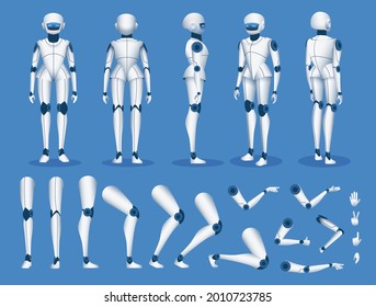 Robot android character. Futuristic cyborg artificial intelligence mascot poses for animation. Humanoid robot constructor element vector set. Robot cartoon kit, body parts legs and hands illustration