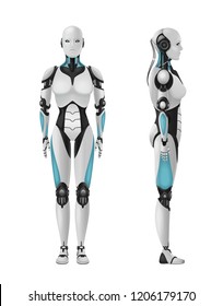 Robot android female realistic 3d composition of humanoid robot with feminine body on blank background vector illustration