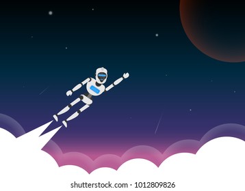 robot android flying to outer space planet