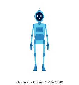 Robot or android the futuristic technology creature the flat cartoon illustration isolated on white background. Electronic machine or hominoid cyborg fantasy image.