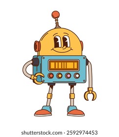 Robot and android groovy cute character. Chatbot bot vintage cheerful character, AI virtual assistant humanoid android isolated vector groovy cute mascot. Alien droid with antenna retro personage