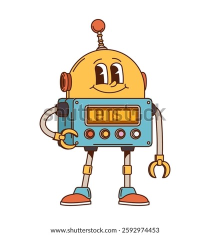 Robot and android groovy cute character. Chatbot bot vintage cheerful character, AI virtual assistant humanoid android isolated vector groovy cute mascot. Alien droid with antenna retro personage