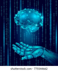 Robot android hand hold human brain. Low poly polygonal particle point line geometric render. Mental neurocomputer creative idea future mind technology concept blue binary code vector illustration