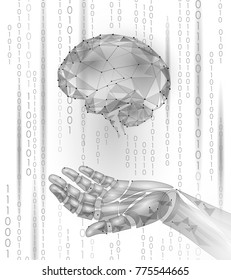 Robot android hand hold human brain. Low poly polygonal particle point line geometric render. Mental education creative idea future mind technology concept white binary code vector illustration