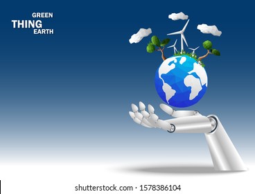 Robot android hand hold planet Earth. Globalization international save ecology future technology concept