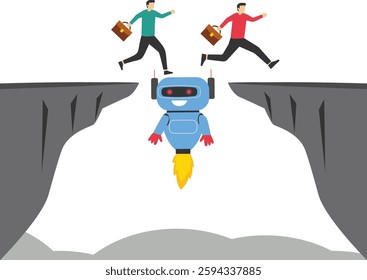 robot android hanging between cliffs running businessmen

