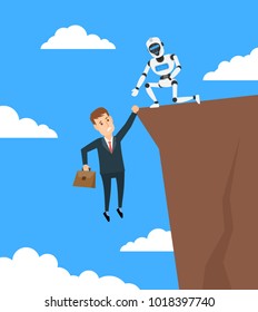 robot android helping to businessman hanging on cliff