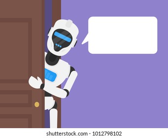 robot android look out the open door with speech bubble