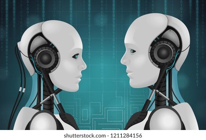 Robot android realistic 3d composition with heads of anthropomorphous characters with wires and plastic faces vector illustration