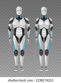 Robot android realistic 3d composition with transparent background and full length images of humanlike droids vector illustration