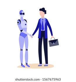 Robot android shaking hand to businessman in suit flat cartoon vector illustration isolated on white background. Advanced technology and artificial intelligence.