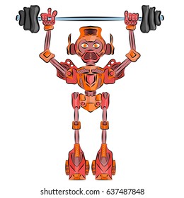 Robot android sportsman orange with a barbell in his hands