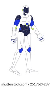 Robô androide andando 2D personagem de desenho animado. Vetor plano de personagem isolado humanoide futurista robótica em fundo branco. Tecnologia de alta tecnologia de ficção científica. Futurismo. Ilustração especial colorida