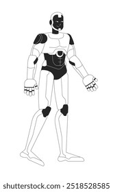 Robô androide andando preto e branco personagem de linha 2D. Robótica futurista humanoide isolado vetor contorna personagem. Tecnologia de alta tecnologia de ficção científica. Futurismo. Ilustração de ponto monocromático