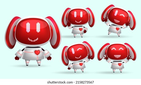 Robot animal characters vector set. Robotic kawaii girls character with cute facial gestures in pixels for friendly modern cyborg mascot design. Vector illustration.
