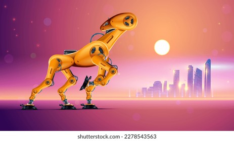 Robot animal going in desert. Post apocalyptic futuristic landscape of city silhouette on horizon. Sci-fi apocalypse nature. Robotic mechanical cyborg camel or horse. Bionicle tired horse with AI.