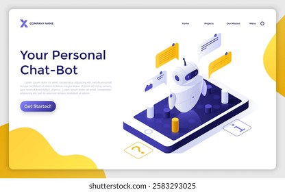 Robot answering messages on smartphone. Communication on internet. Futuristic ChatBot landing page isometric template. AI virtual assistant customer service creative 3d vector illustration for webpage