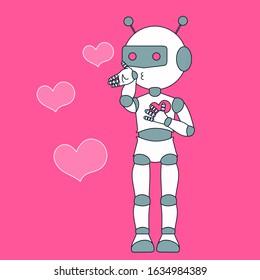 a robot with an antenna and a helmet is standing and blowing a kiss, vector color illustration on pink isolated background