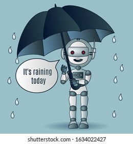 robot with antenna and a helmet stands in the rain and holds a umbrella in his hand, vector emoticon on isolated background