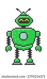 Robot with antenna, visor face, and round chest core stands front view in retro pixel art style. Symbol of technology, automation, and future gadget culture. Cartoon vector illustration.