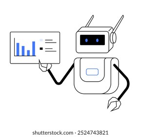 Um robô com antenas e garras segura uma placa exibindo dados e um gráfico de barras. Ideal para tecnologia, inteligência artificial, análise de dados, robótica e automação. Linhas simples, design limpo