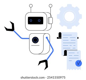 Um robô com antenas e braços mecânicos ao lado de uma engrenagem e documentos. Ideal para a automação tecnológica gerenciamento eficiente robótica local de trabalho soluções digitais futuristas material educacional