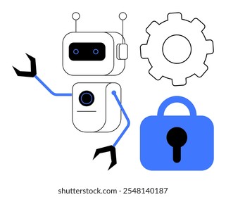 Robot con antenas y brazos mecánicos, junto a un engranaje y un símbolo de bloqueo. Ideal para Automatización, IA, Seguridad, Ingeniería, Tecnología. Estilo moderno simplista, que enfatiza la robótica y la seguridad