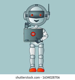 robot with antennas and a helmet that is holding a laptop computer or a notebook, vector color hand drawn emoticon 