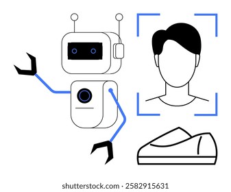 Robot with antennas and mechanical arm scans human face within digital frame and analyzes 3D object. Ideal for technology, facial recognition, AI applications, security systems, smart devices