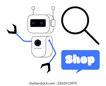 A robot with antennas and mechanical arms is holding a large magnifying glass. A blue speech bubble with the word Shop is also visible. Ideal for ecommerce, search engine, artificial intelligence