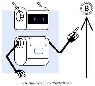 Robot with antennas and mechanical arms pointing upward at a rising Bitcoin symbol. Ideal for cryptocurrency, technology, finance, automation, investment, blockchain, market trends. Line metaphor