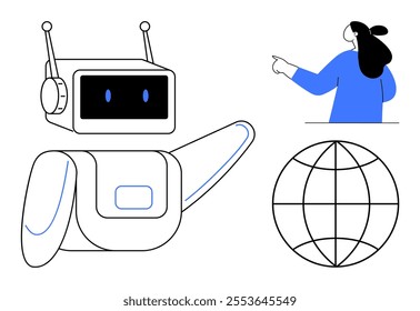 Robot with antennas and a person in blue pointing with a globe outline. Ideal for ai technology, robotics, human interaction, global communication, technological advancements. Minimalist vector style