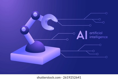 Robot Arm 3d Icon para Anuncio de Innovación Futurística y de Tecnología con línea Electrónica. Mano mecánica. Robot AI Automation Concept Ilustración vectorial de neón