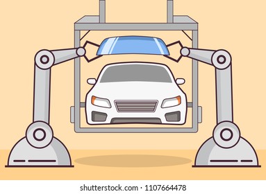 Robot arm assembly car.Factory line.Installation of a windshield.Automatic industrial plant vehicle.Concept of design of a poster flat line art vector.
