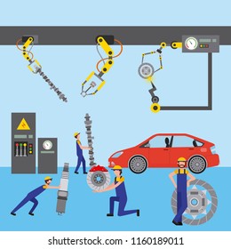 robot arm for automotive engineering with car parts