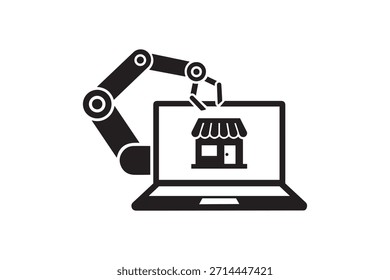 Brazo robótico construyendo una tienda en línea en la pantalla de la computadora