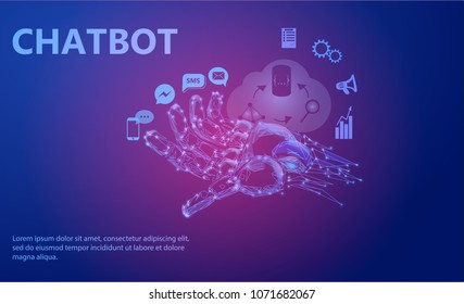 Robot arm. Chat Bot Free Robot Virtual Assistance Of Website Or Mobile Applications, Artificial Intelligence Concept. Low poly vector illustration of a starry sky or Cosmos. 