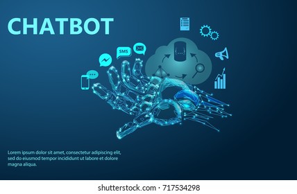 Robot arm. Chat Bot Free Robot Virtual Assistance Of Website Or Mobile Applications, Artificial Intelligence Concept. Low poly vector illustration of a starry sky or Cosmos. 