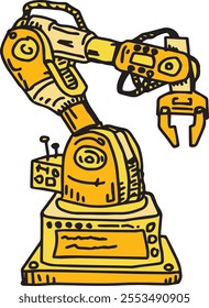 Robot arm colored outline drawing illustration. Robotic arm, useful tool in many manufacturing process. Smart mechanic device and assembly instrument hand drawn graphic sign. Futuristic machine logo.